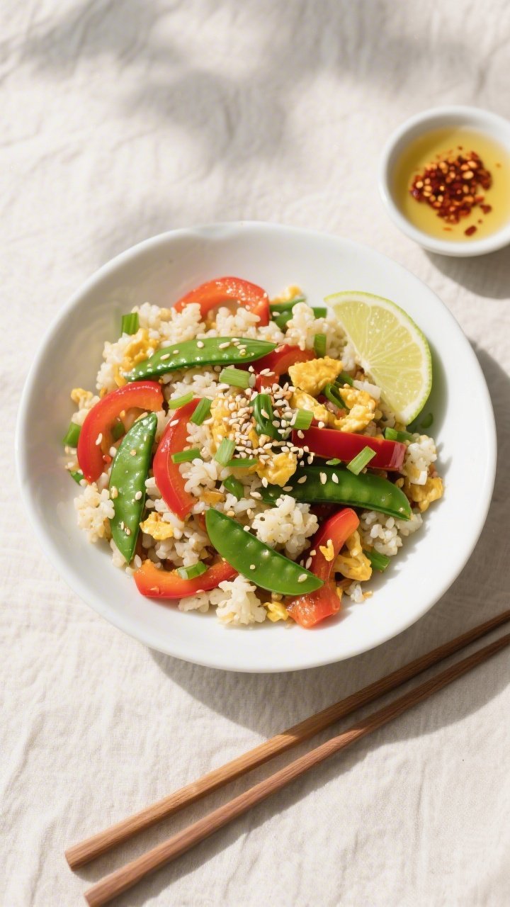 Tasty top view: Overhead shot of the finished Gluten-Free Cauliflower Rice Stir Fry in a wide, shall