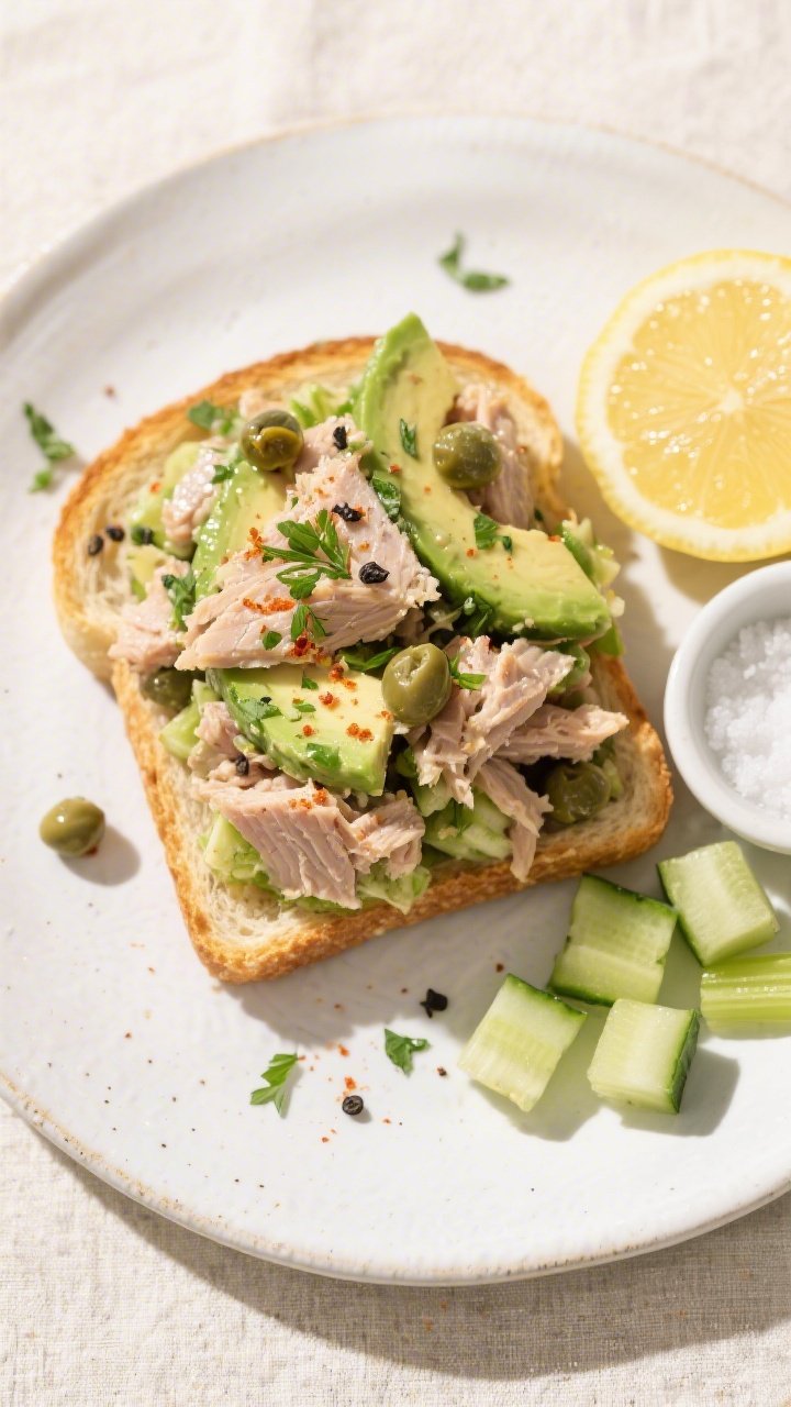 Tasty top view: Overhead shot of the finished Gluten-Free Tuna & Avocado Salad piled onto golden glu