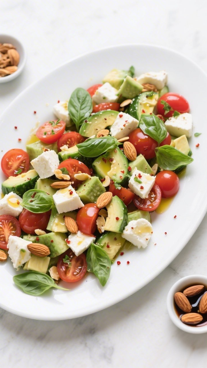 Tasty top view: Overhead shot of the fully assembled Gluten-Free Caprese Salad Twist on a wide white