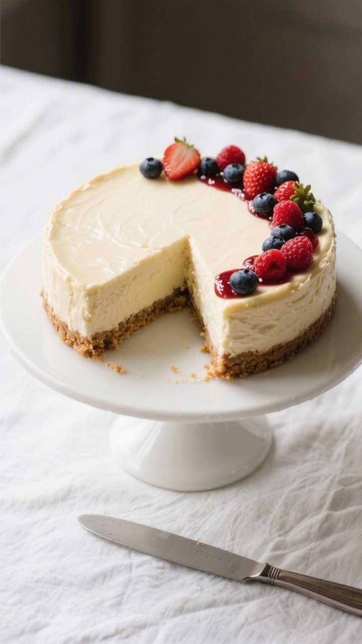 Tasty top view: Overhead shot of the fully chilled, unmolded gluten-free cheesecake on a simple whit