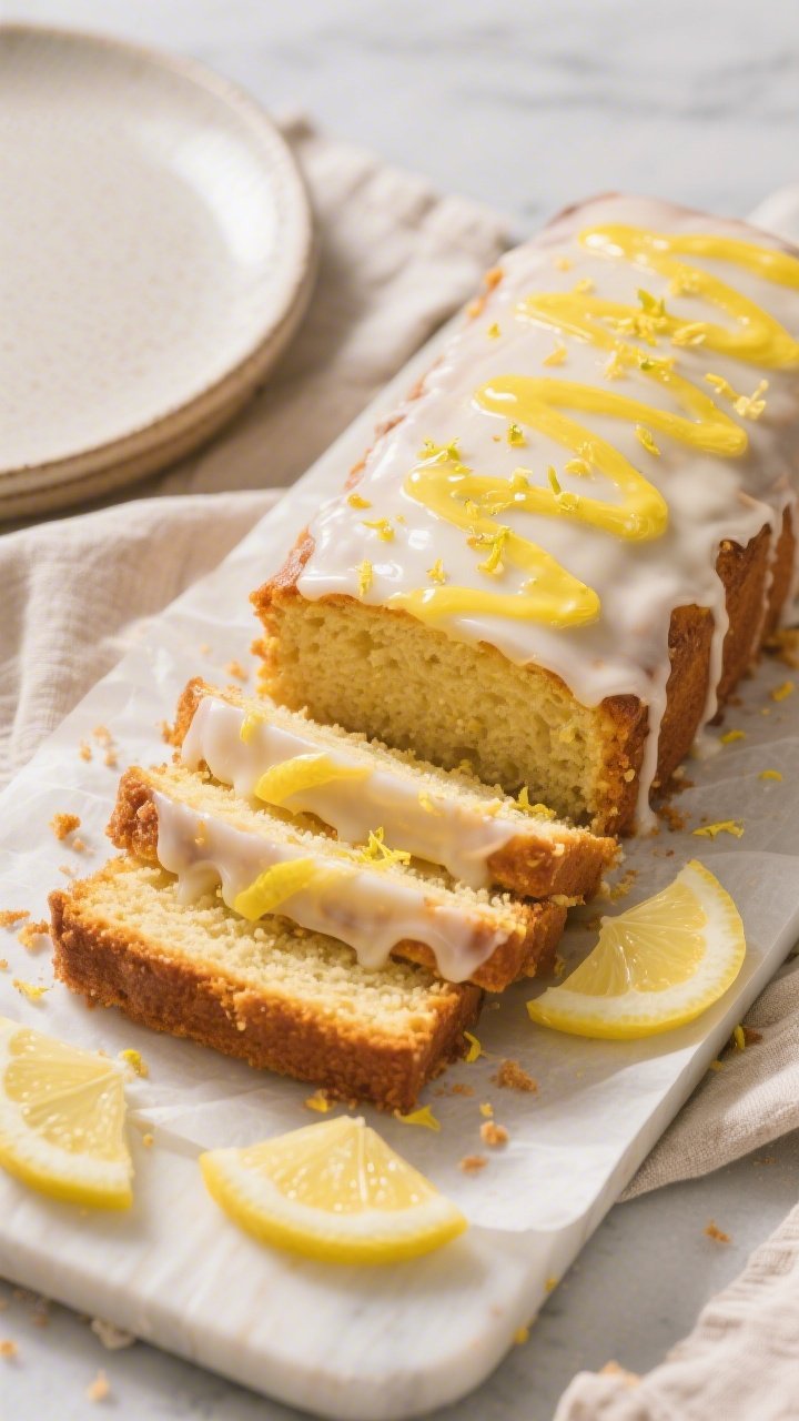 Tasty top view: Overhead shot of the fully cooled lemon drizzle cake with optional glossy lemon icin