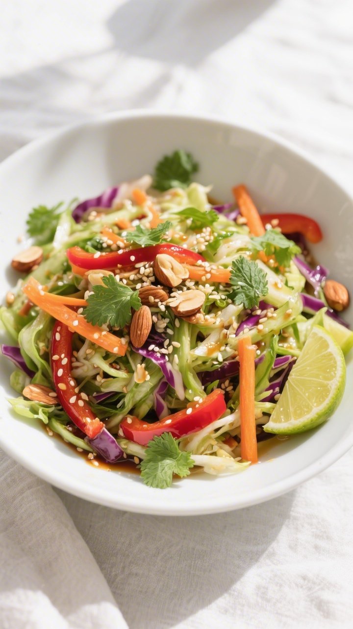Tasty top view: Overhead shot of the fully tossed Asian-inspired gluten-free slaw in a wide, low whi