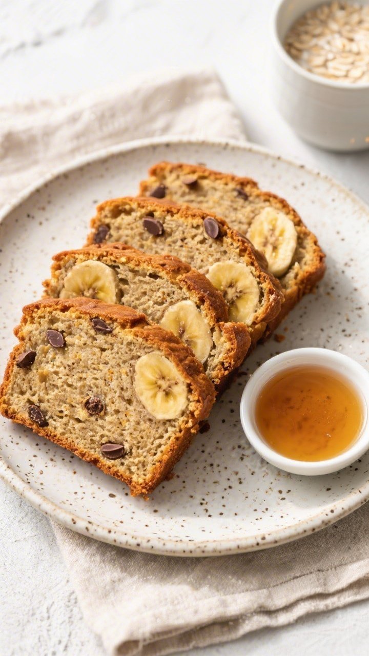Tasty top view: Overhead shot of thick, even slices of gluten-free vegan banana bread arranged sligh