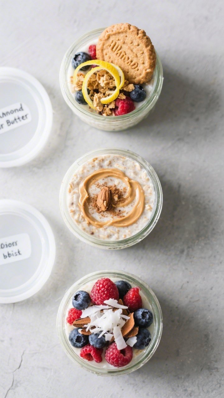 Tasty top view: Overhead shot of three meal-prep jars of prepared overnight oats arranged on a cool 
