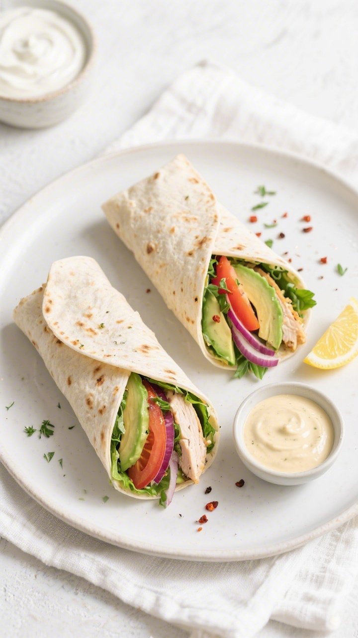 Tasty top view: Overhead shot of two gluten-free chicken wraps sliced on a diagonal and arranged sli