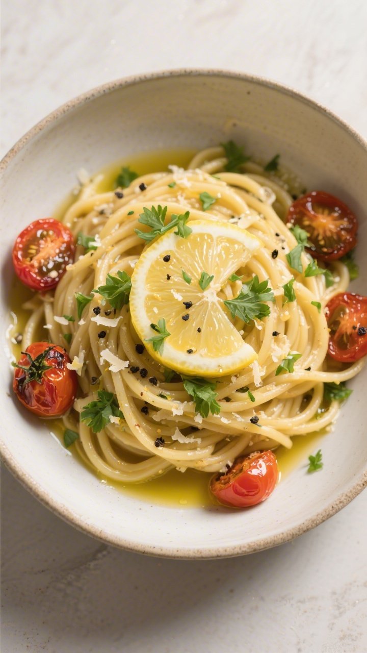 Tasty top view, overhead shot: Overhead of a large shallow bowl filled with glossy garlic–lemon pa