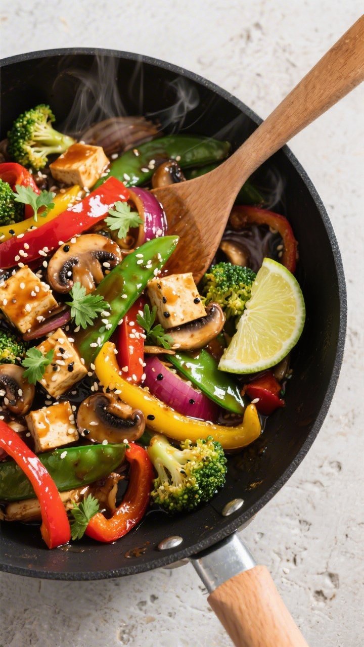 Tasty top view, overhead stir fry in pan: Overhead shot of the finished gluten-free vegan stir fry i