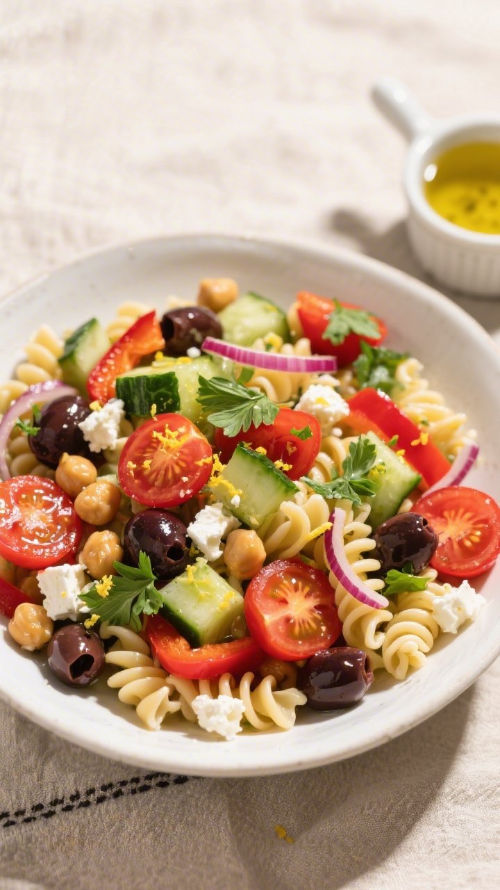 Tasty top view, overhead: Zesty Gluten-Free Pasta Salad in a wide, low white serving bowl, overhead 