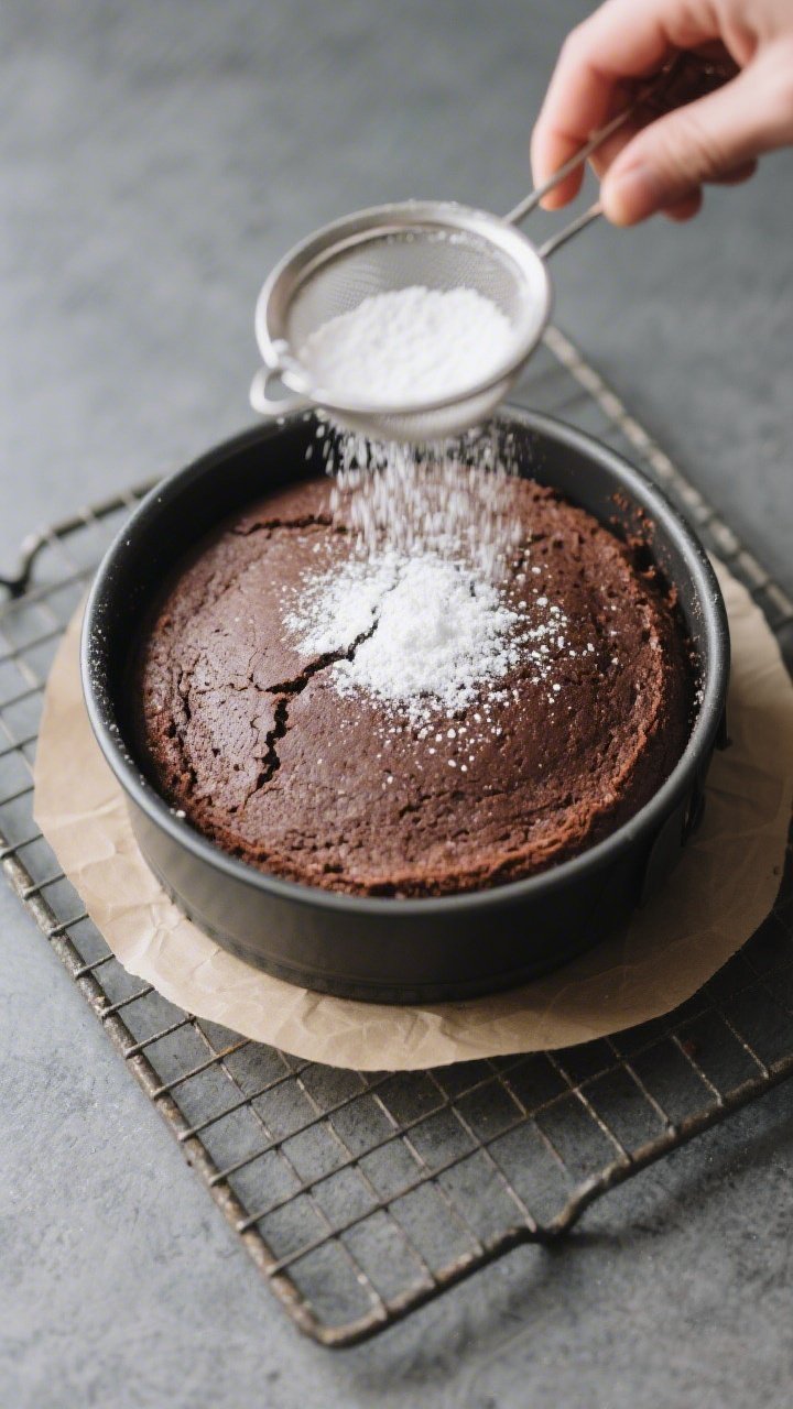 Tasty top-view process shot: Overhead of the baked 9-inch round gluten-free chocolate cake just out 