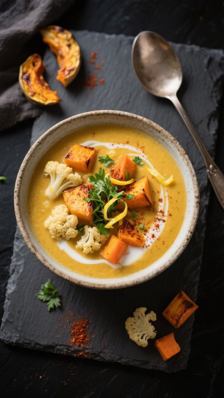 Tasty top view — Roasted Vegetable Herb Soup: overhead shot of a rustic bowl filled with partially