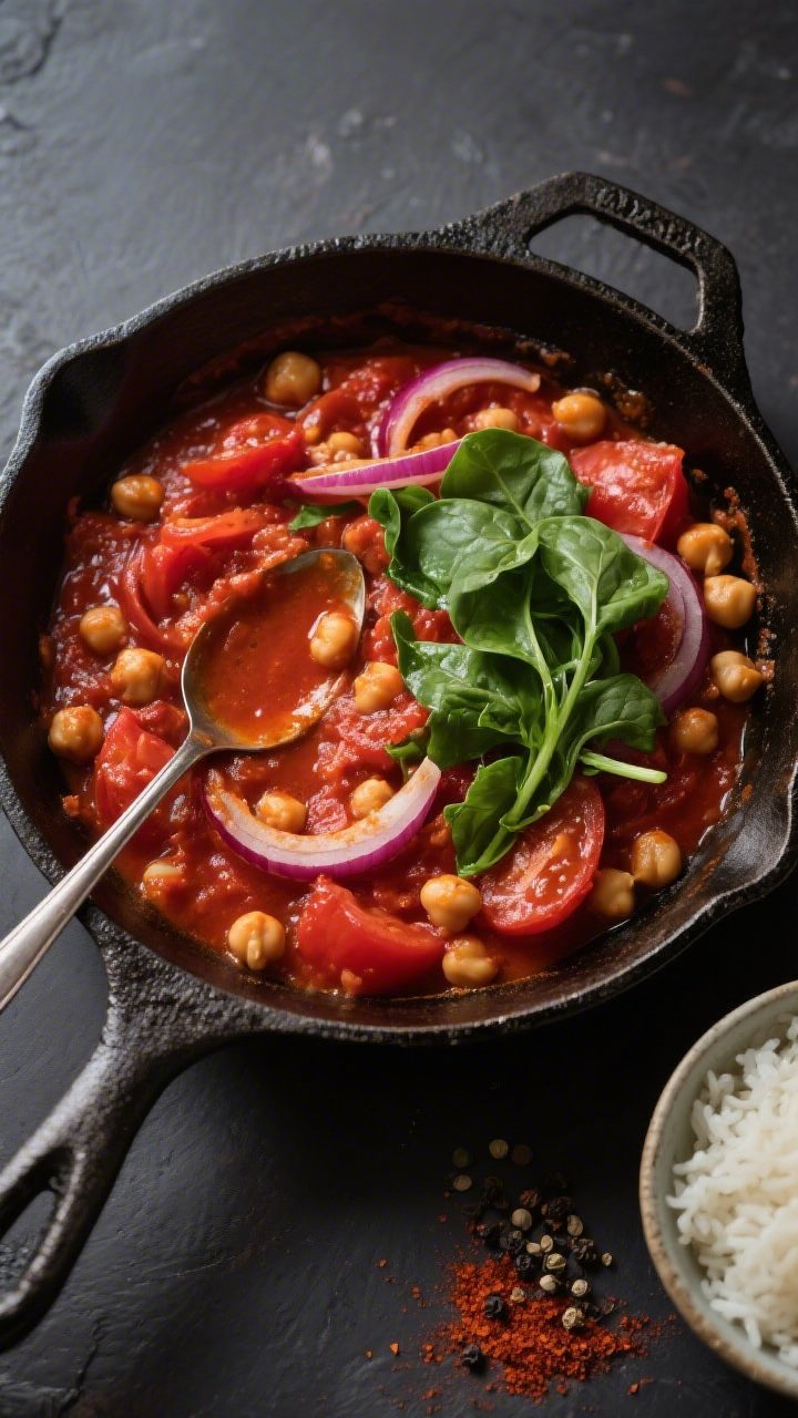 Tasty top view – Smoky Chickpea and Tomato Skillet: Overhead shot of a cast-iron skillet filled wi