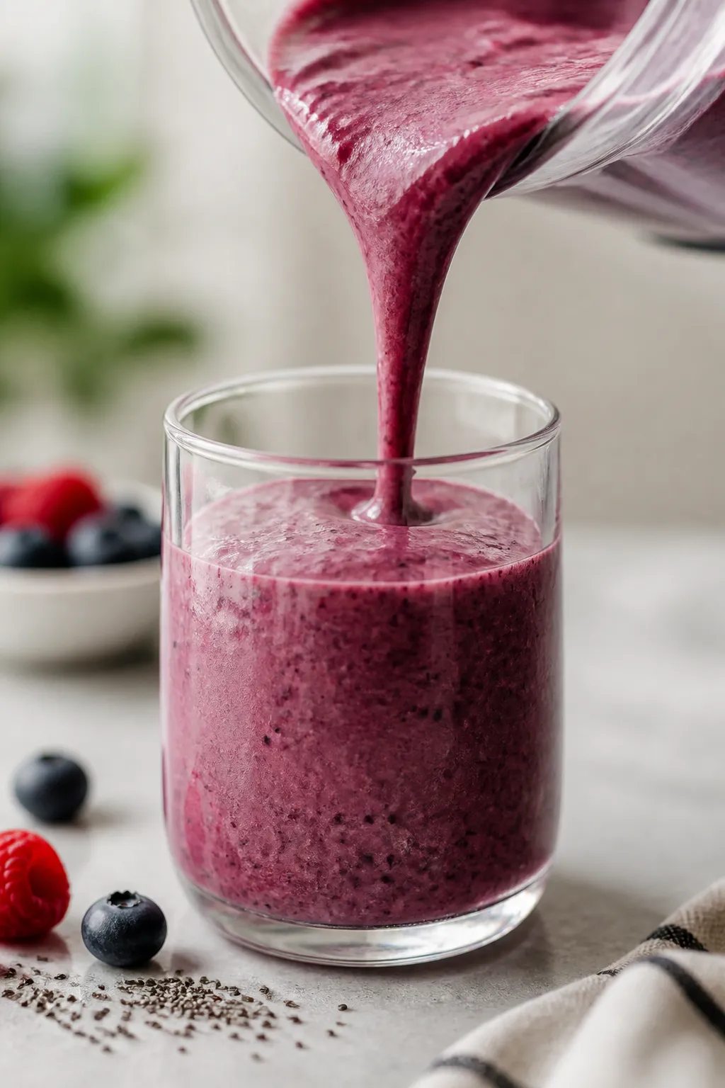 Close-up detail: A freshly blended vegan berry smoothie being poured in a silky ribbon from a blende