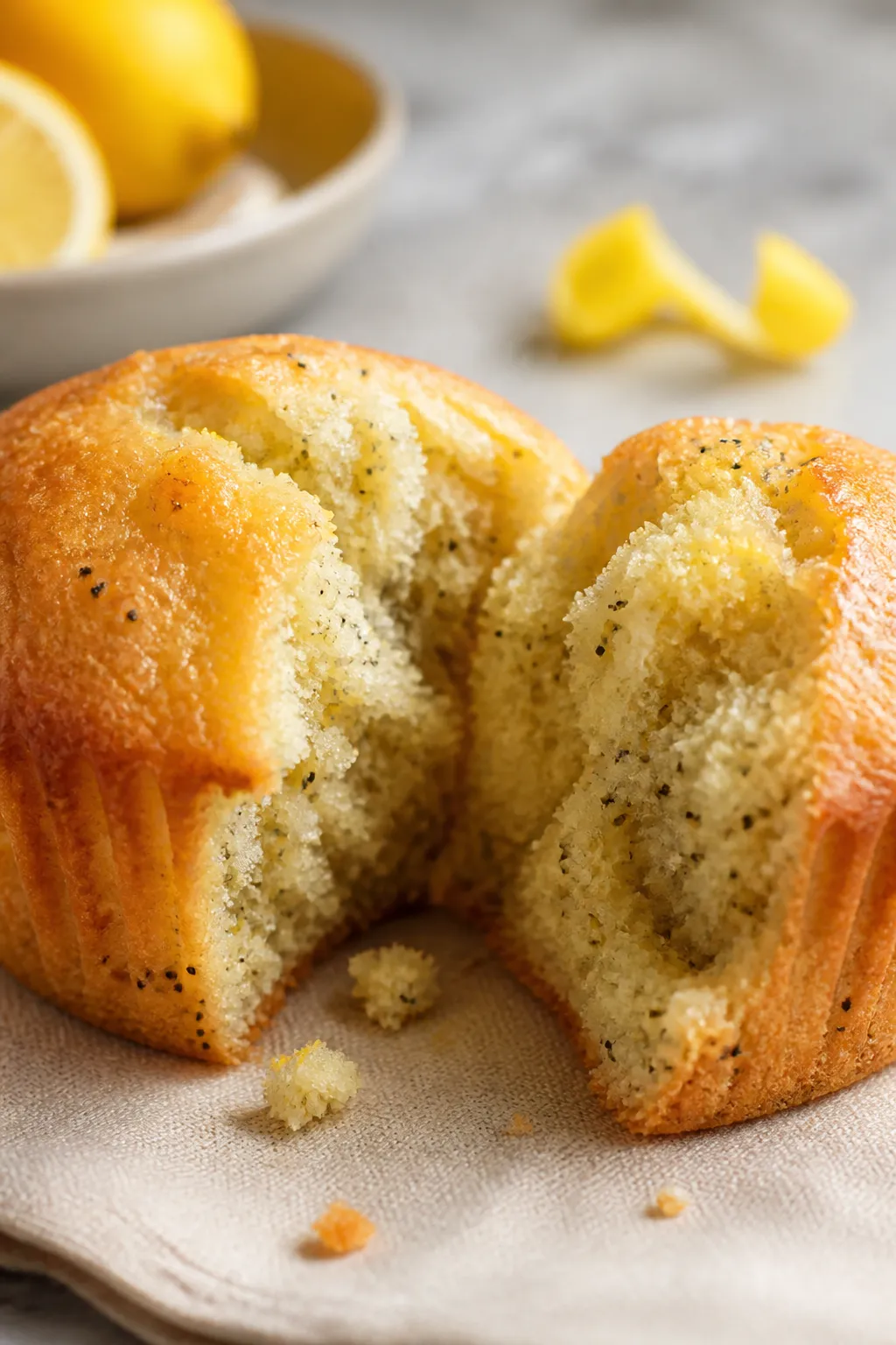 Close-up detail: A just-baked vegan lemon muffin torn open to reveal a moist, tender crumb with tiny