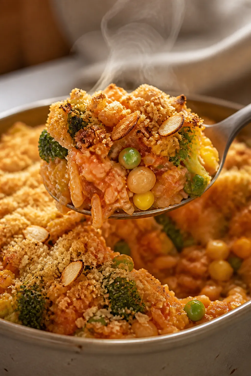 Close-up detail: A spoonful of baked vegan rice casserole just lifted from the pan, showcasing tende