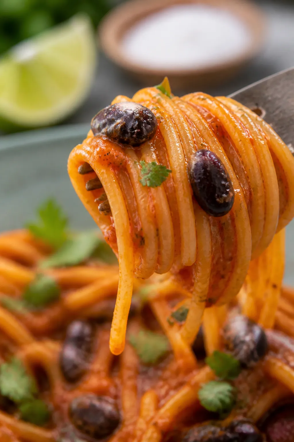Close-up detail: Extreme close-up of a fork-twirled bundle of spaghetti coated in the silky tomato-b