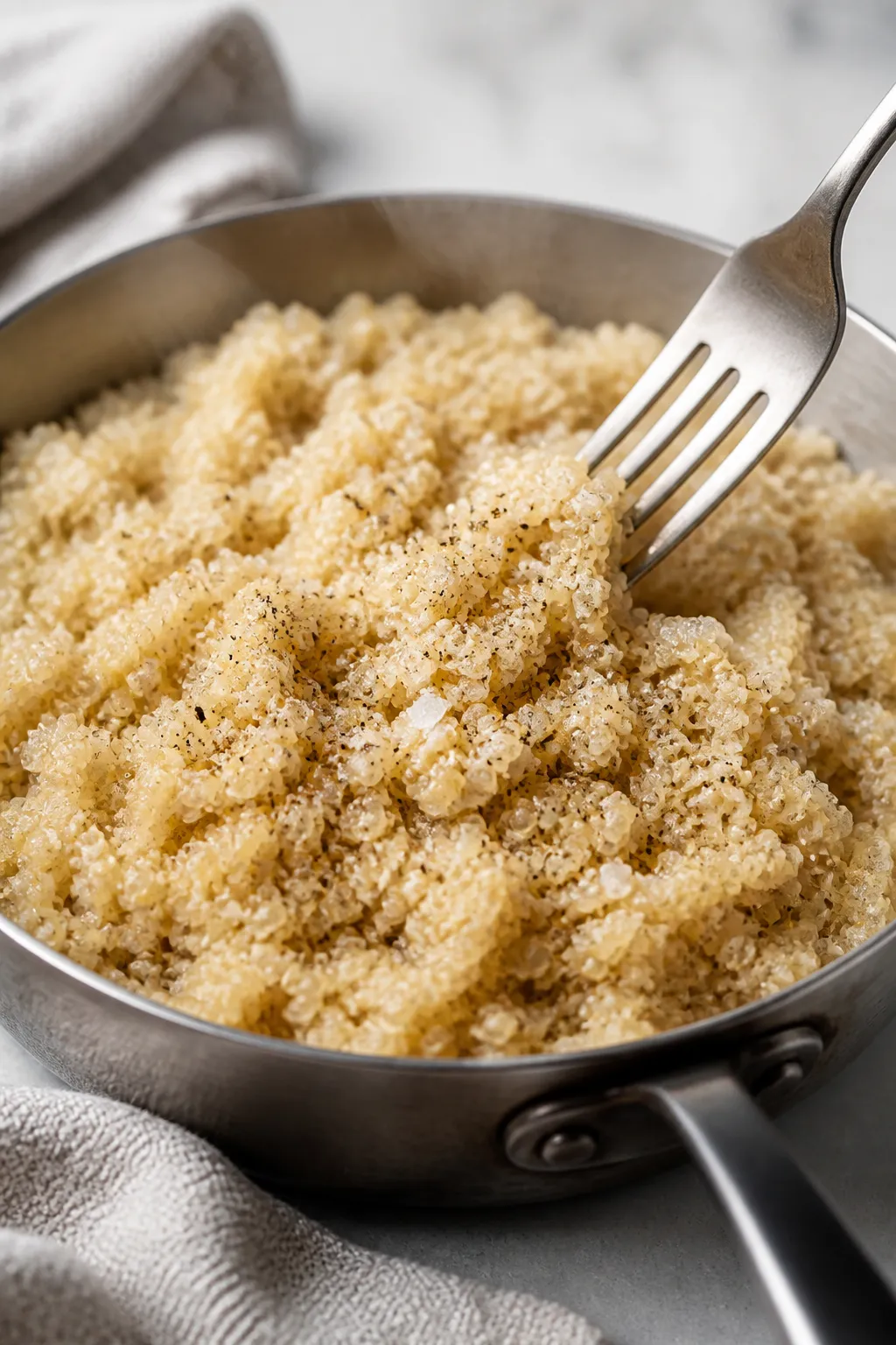 Close-up detail: Fluffy, just-cooked quinoa being fluffed with a fork in a shallow saucepan, steam l