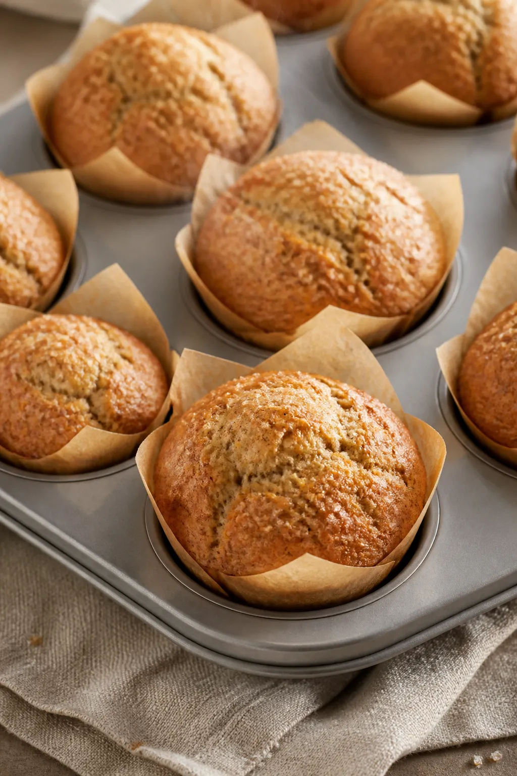 Close-up detail: Freshly baked vegan banana muffins just out of the oven, golden domed tops with a l