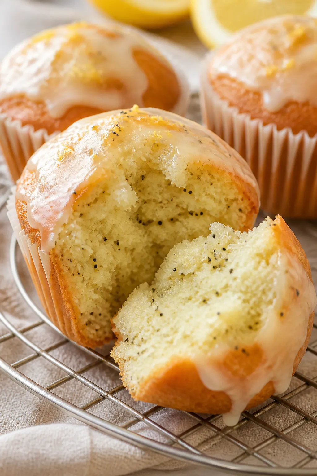 Close-up detail: Freshly baked vegan lemon muffins just out of the tin, domed golden tops with delic