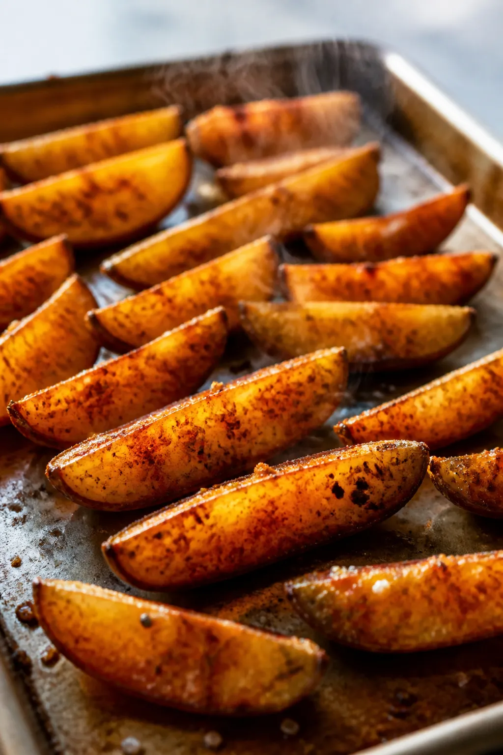 Close-up detail: Golden-brown vegan potato wedges just out of the oven on a preheated, rimmed baking