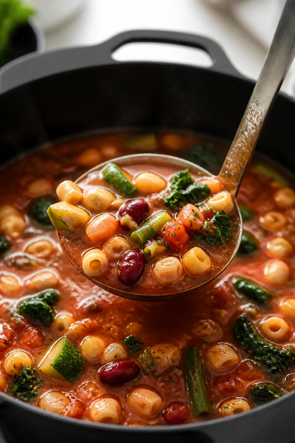 Close-up detail: Ladle lifting glossy vegan minestrone from a simmering pot, showcasing al dente dit