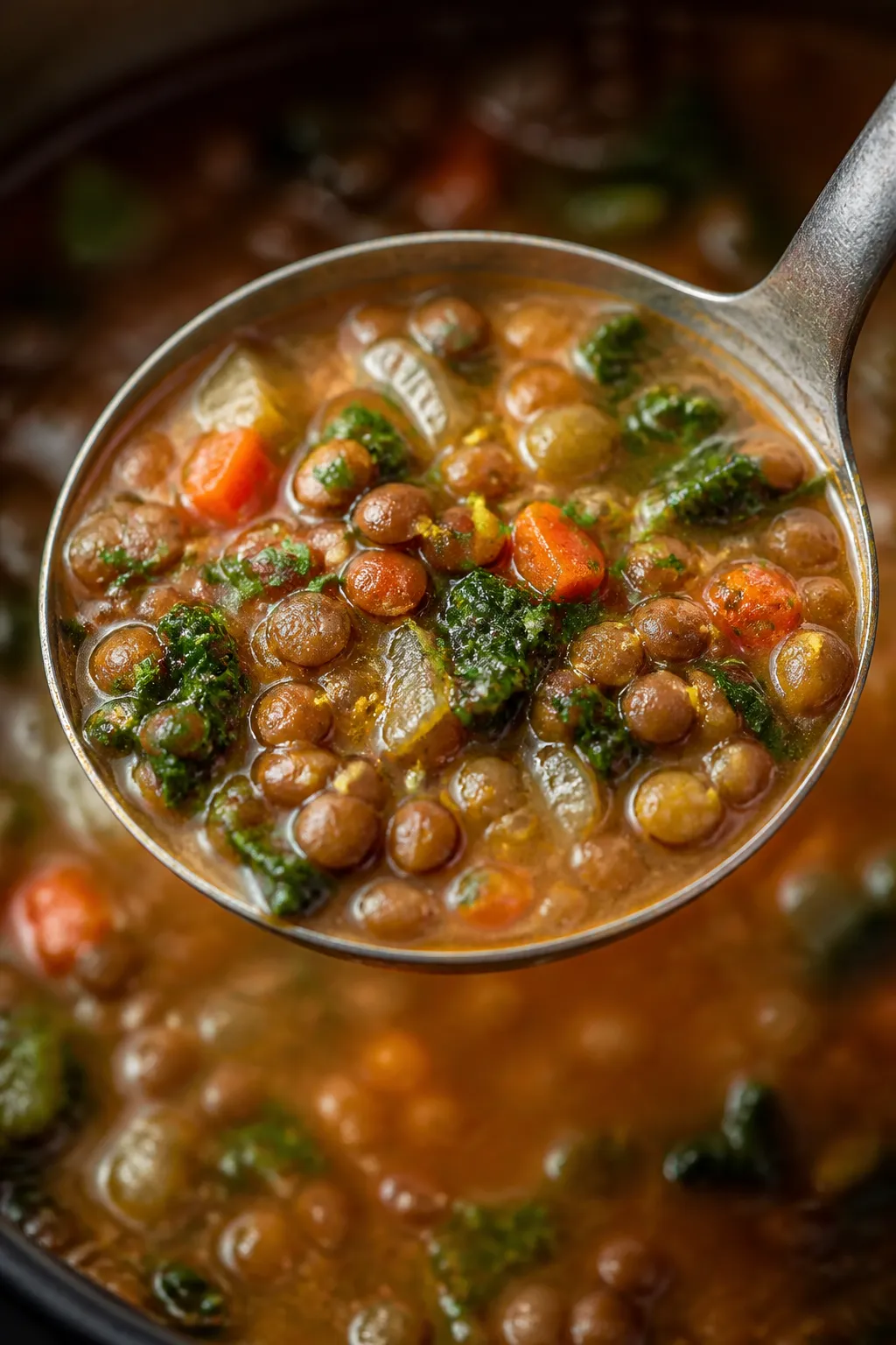 Close-up detail: Macro shot of a ladle lifting the finished lentil soup from the pot, capturing plum