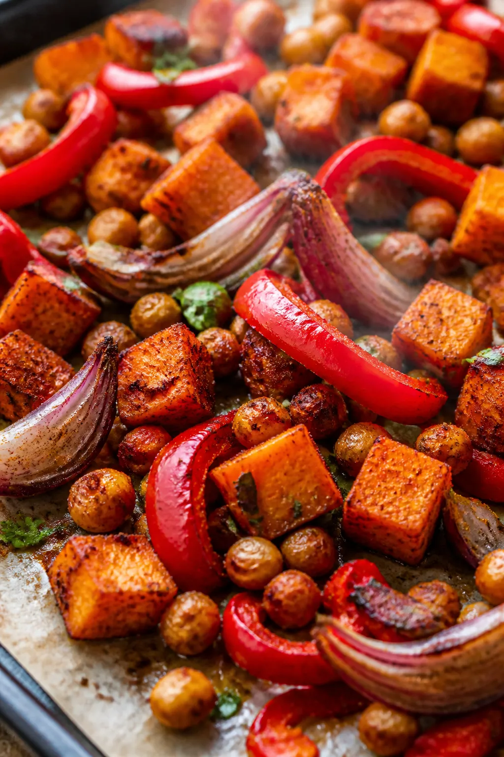 Close-up detail: Roasted sweet potato cubes, red bell pepper strips, and red onion wedges just out o