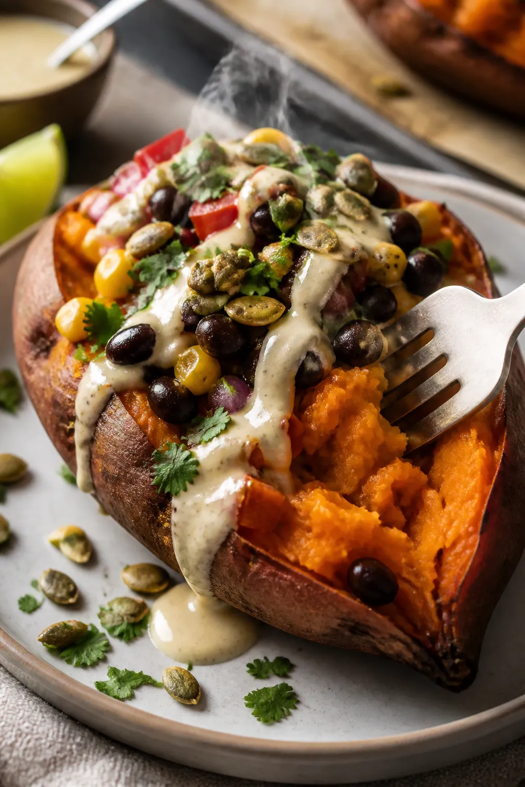Close-up detail shot: A split, oven-roasted sweet potato with deeply caramelized edges and fluffy or