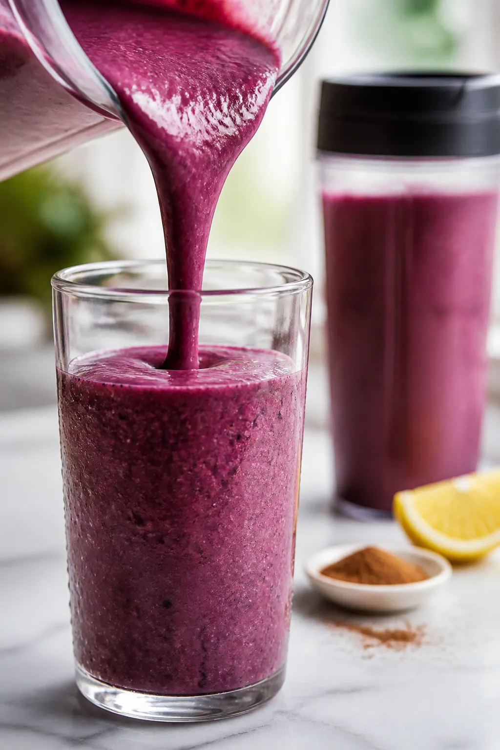 Close-up detail shot of a freshly blended vegan berry smoothie being poured in a silky ribbon from a