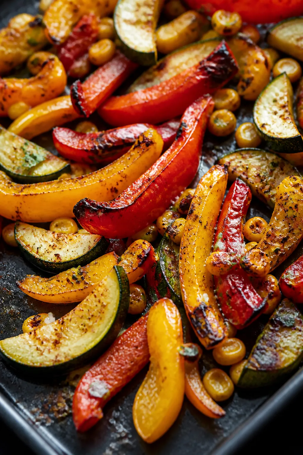 Close-up detail: Sizzling roasted vegetable medley fresh from the oven—charred red and yellow bell