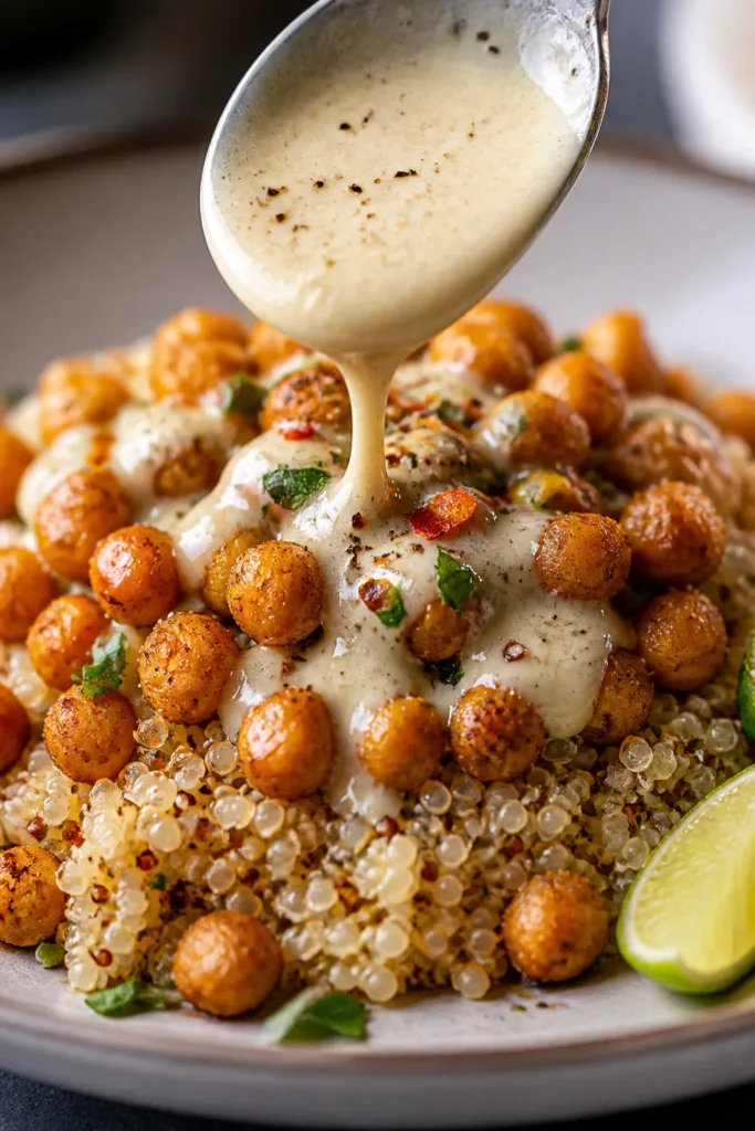 Fluffy quinoa, roasted veggies, crispy chickpeas