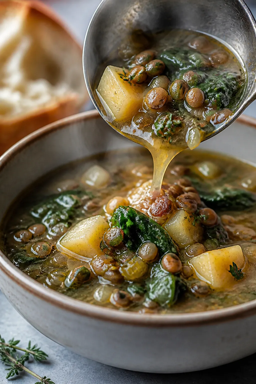 Close-up final plating: Intimate, shallow-focus close-up of a ladle pouring the finished stew into a