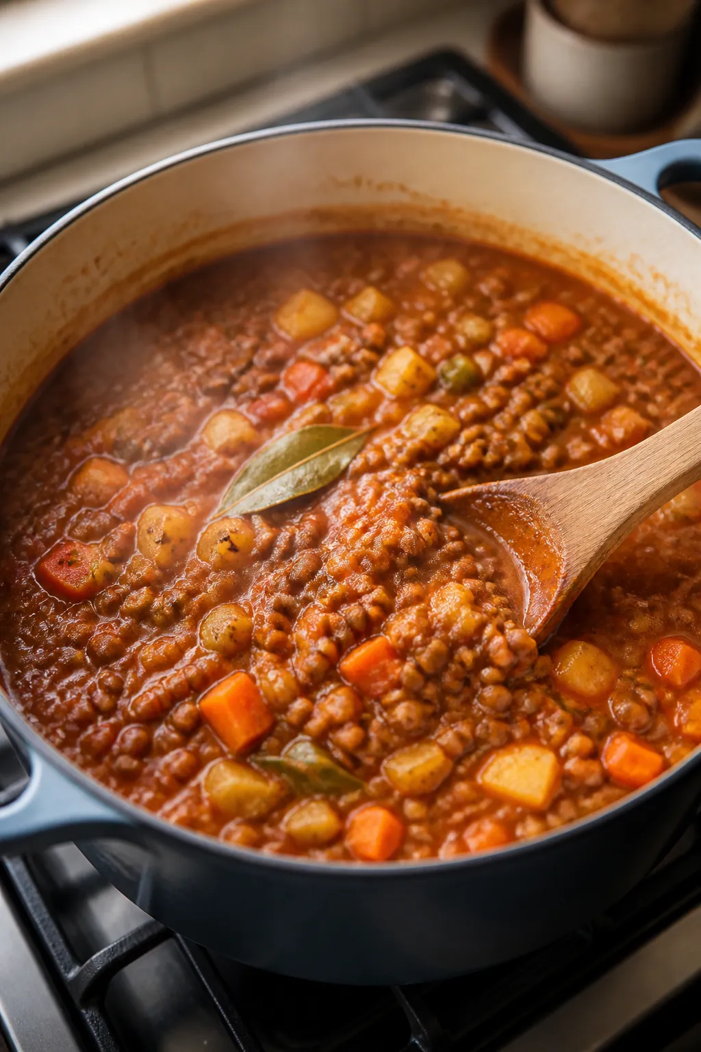Cooking process: A large Dutch oven of simmering vegan lentil stew mid-cook, showing tender brown/gr