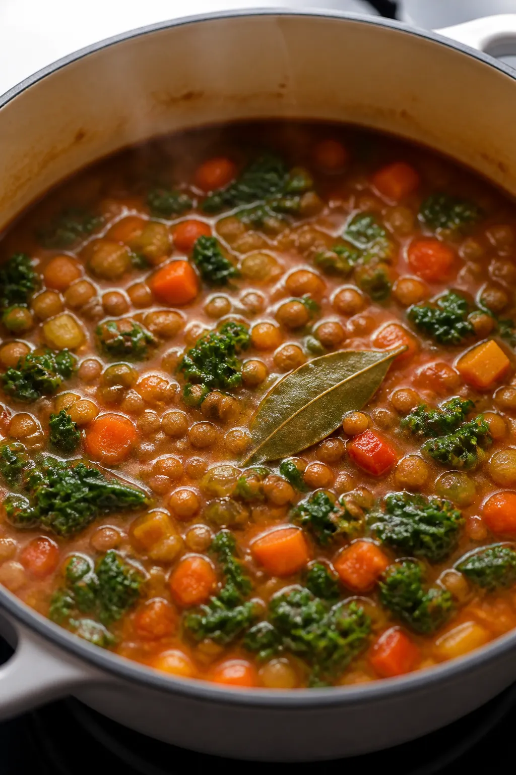 Cooking process: A large pot of vegan lentil soup at a gentle simmer on the stovetop, showing tender