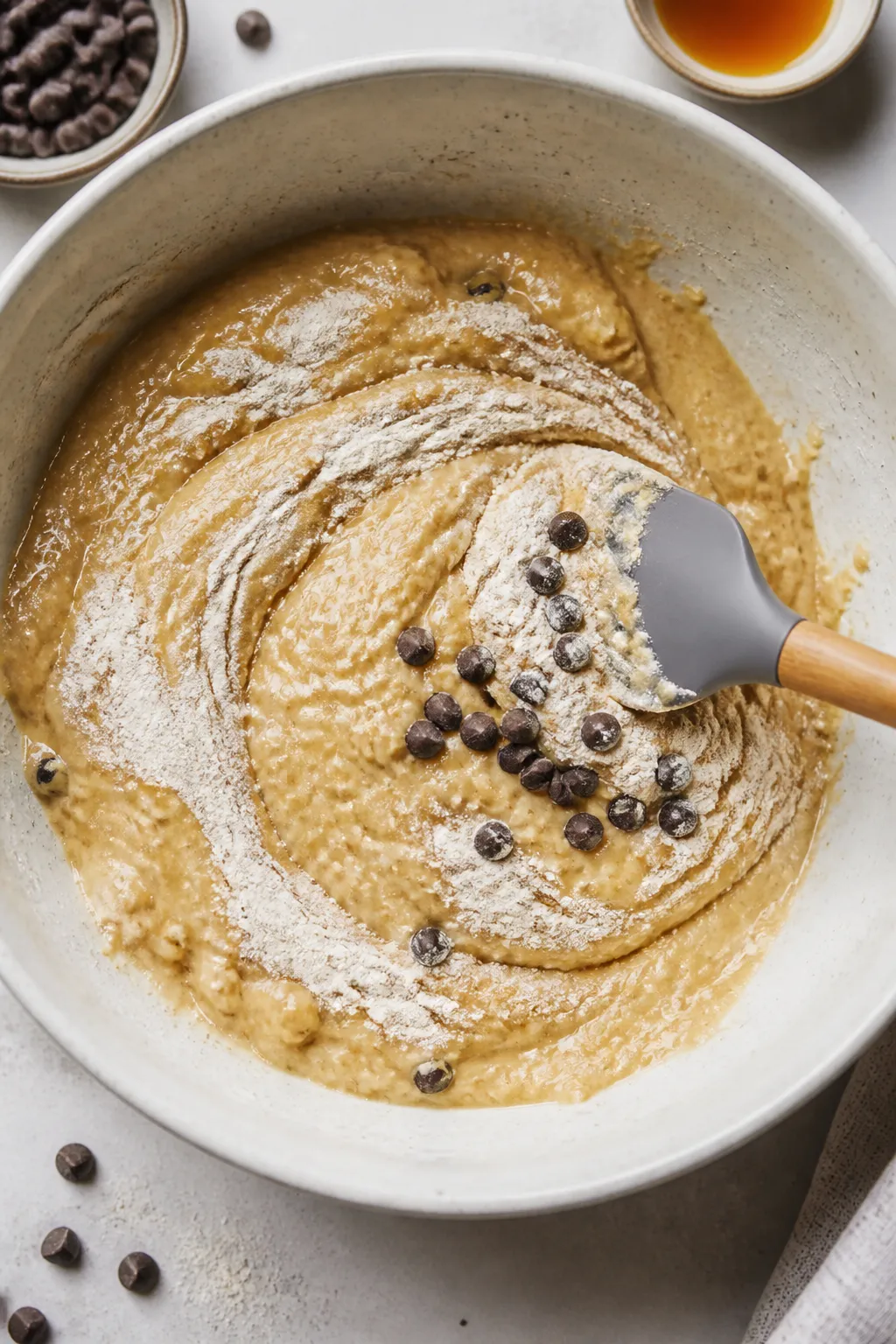 Cooking process: Batter being gently folded in a large mixing bowl, showing ribbons of whole wheat p
