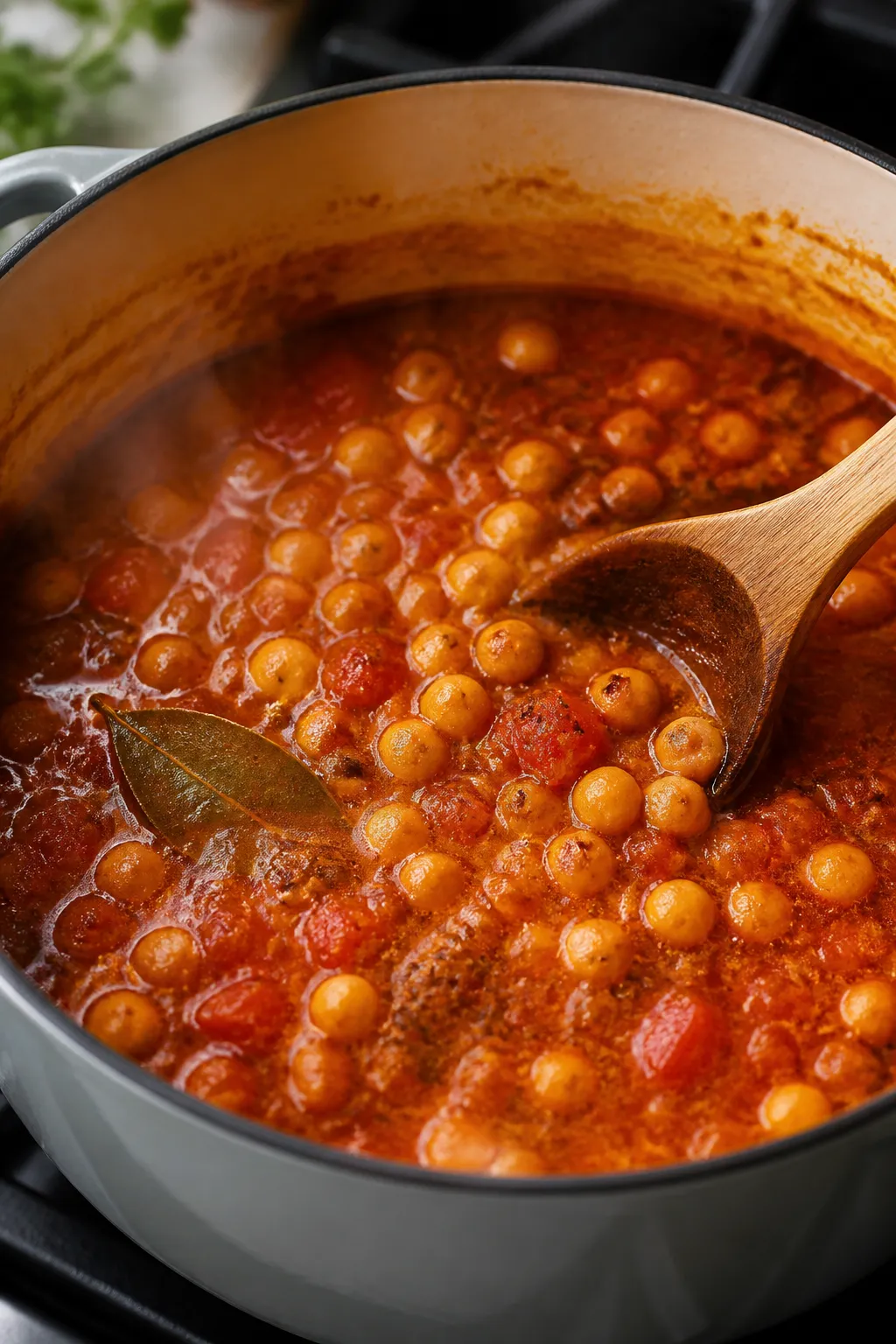 Cooking process close-up: A Dutch oven of simmering vegan chickpea stew mid-cook, showing plump chic