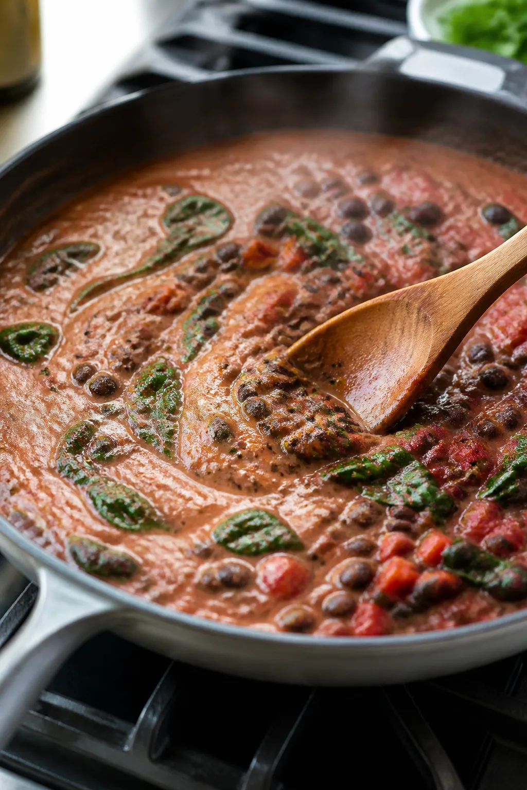 Cooking process close-up: Creamy black bean–tomato sauce mid-simmer in a wide skillet, half silky-