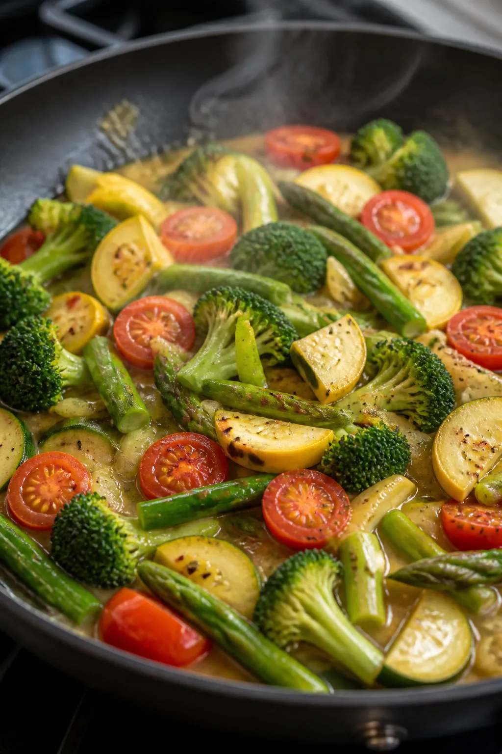 Cooking process close-up: Sautéed spring vegetables for vegan pasta primavera in a large skillet, s