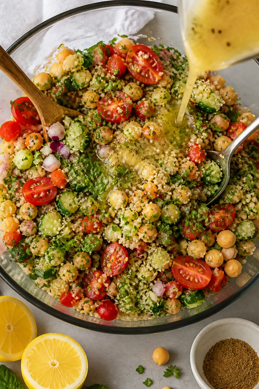 Cooking process: Large mixing bowl of prepared quinoa salad mid-toss, showing tender quinoa, chickpe