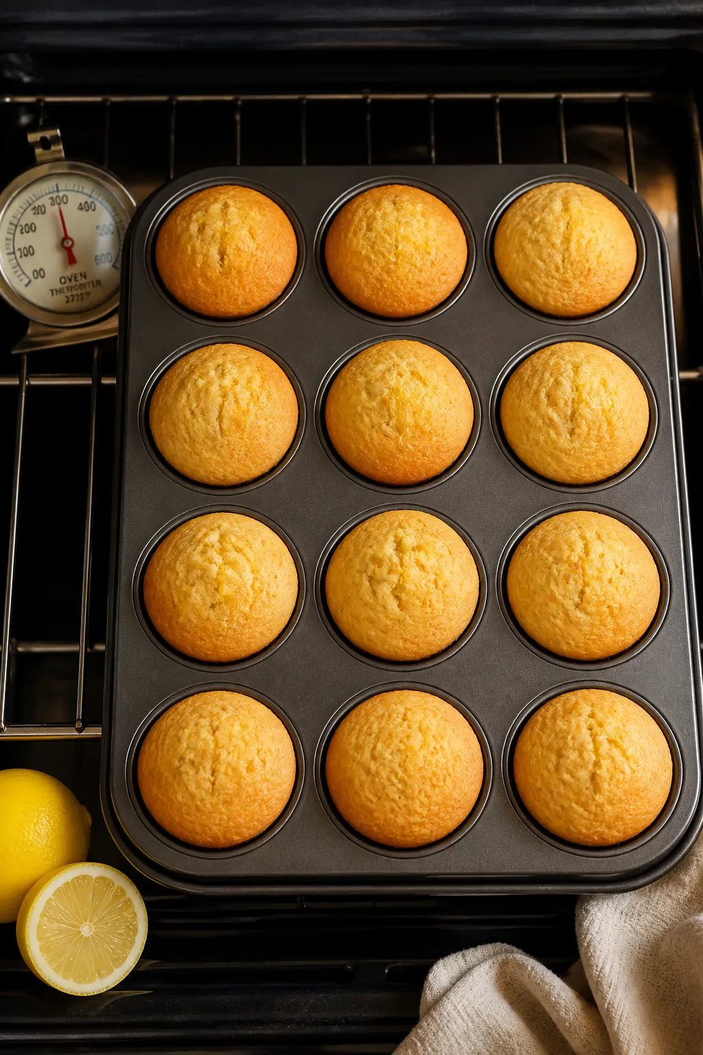 Cooking process: Overhead shot of a 12-cup muffin pan on the center oven rack with domed, fully set