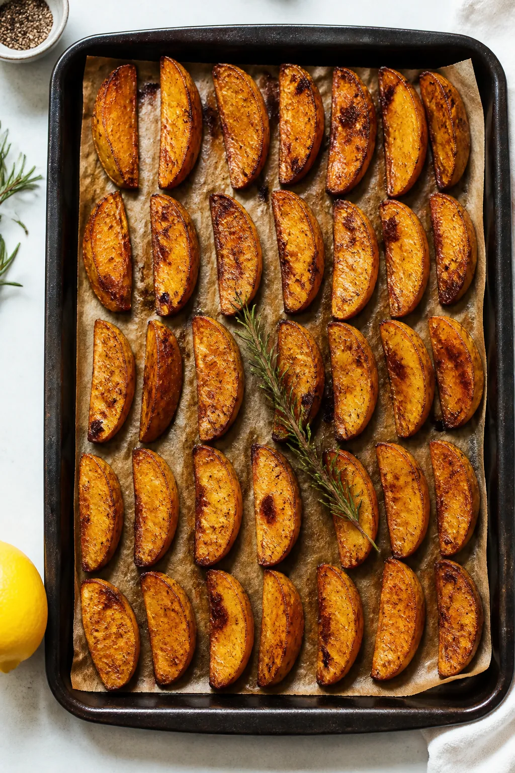 Cooking process: Overhead shot of evenly spaced, seasoned potato wedges mid-bake after flipping, arr