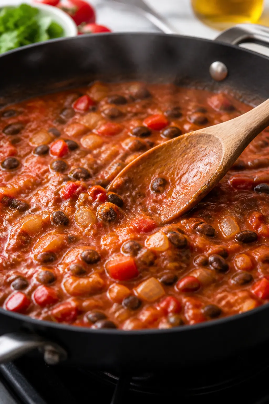 Cooking process shot: In a wide, black skillet on the stovetop, the creamy tomato-black bean sauce i