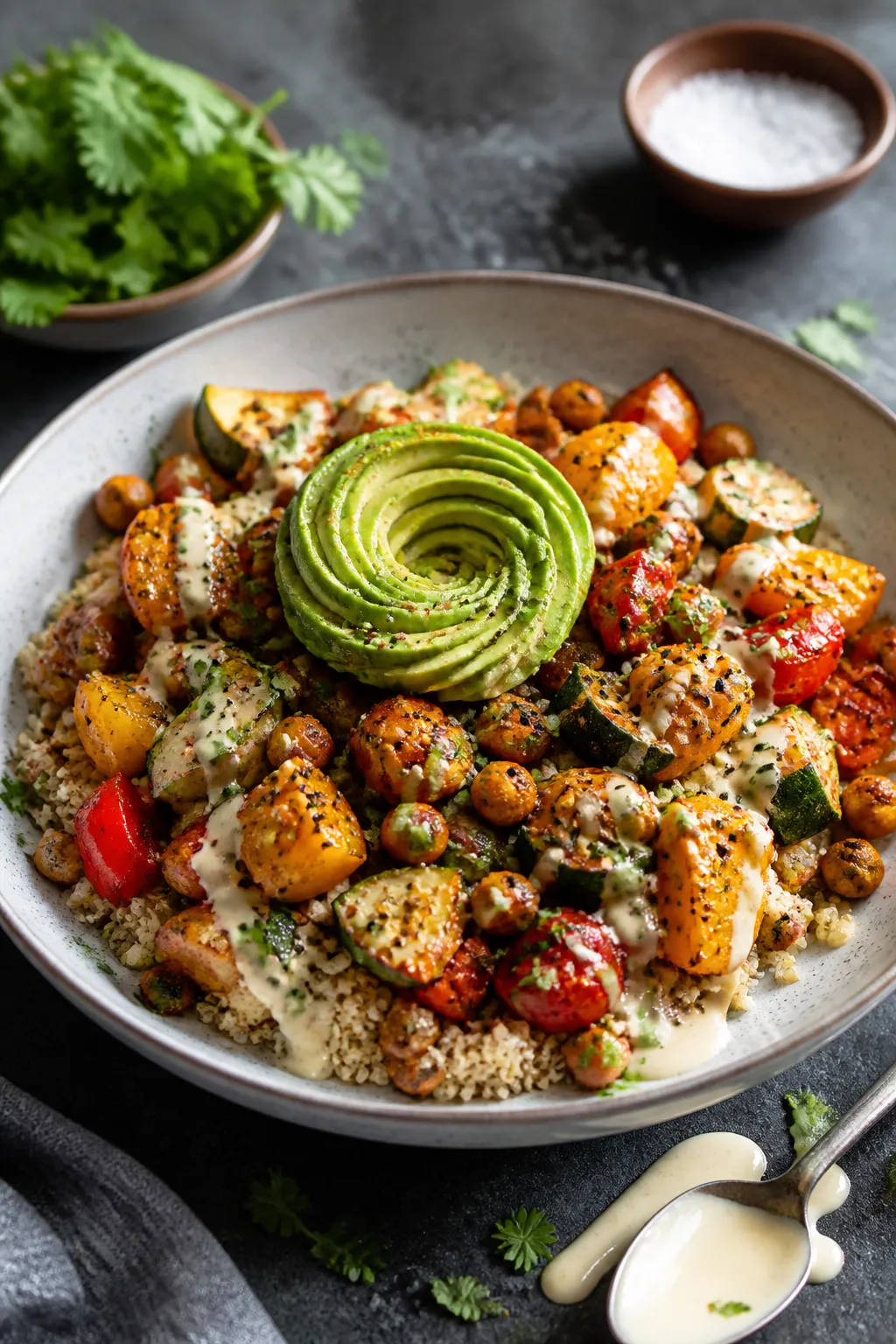 Final dish beauty: Restaurant-quality plated quinoa bowl presented as a composed entrée—warm quin