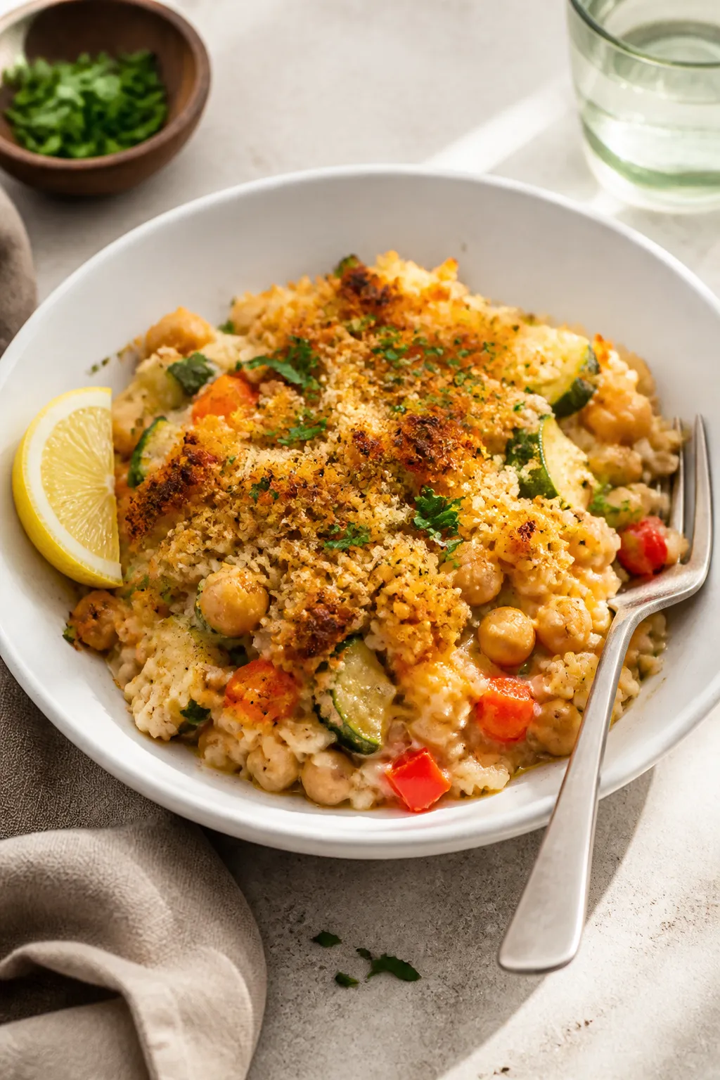 Final dish presentation: Beautifully plated serving of easy vegan rice casserole in a wide, shallow