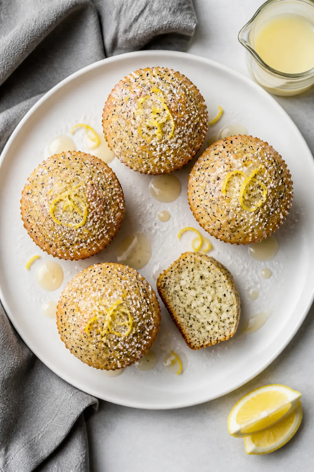 Final dish presentation: Beautifully plated vegan lemon poppy seed muffins on a matte white plate, l