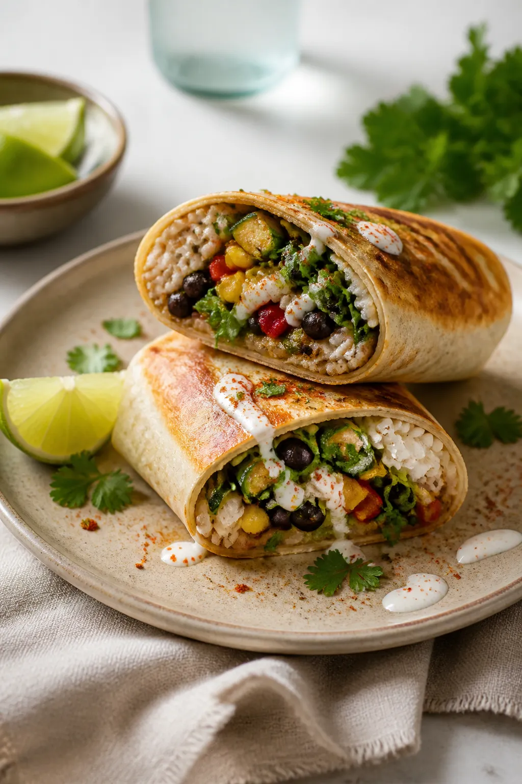 Final dish presentation: Beautifully rolled vegan vegetable burrito, seam-side browned to a light cr