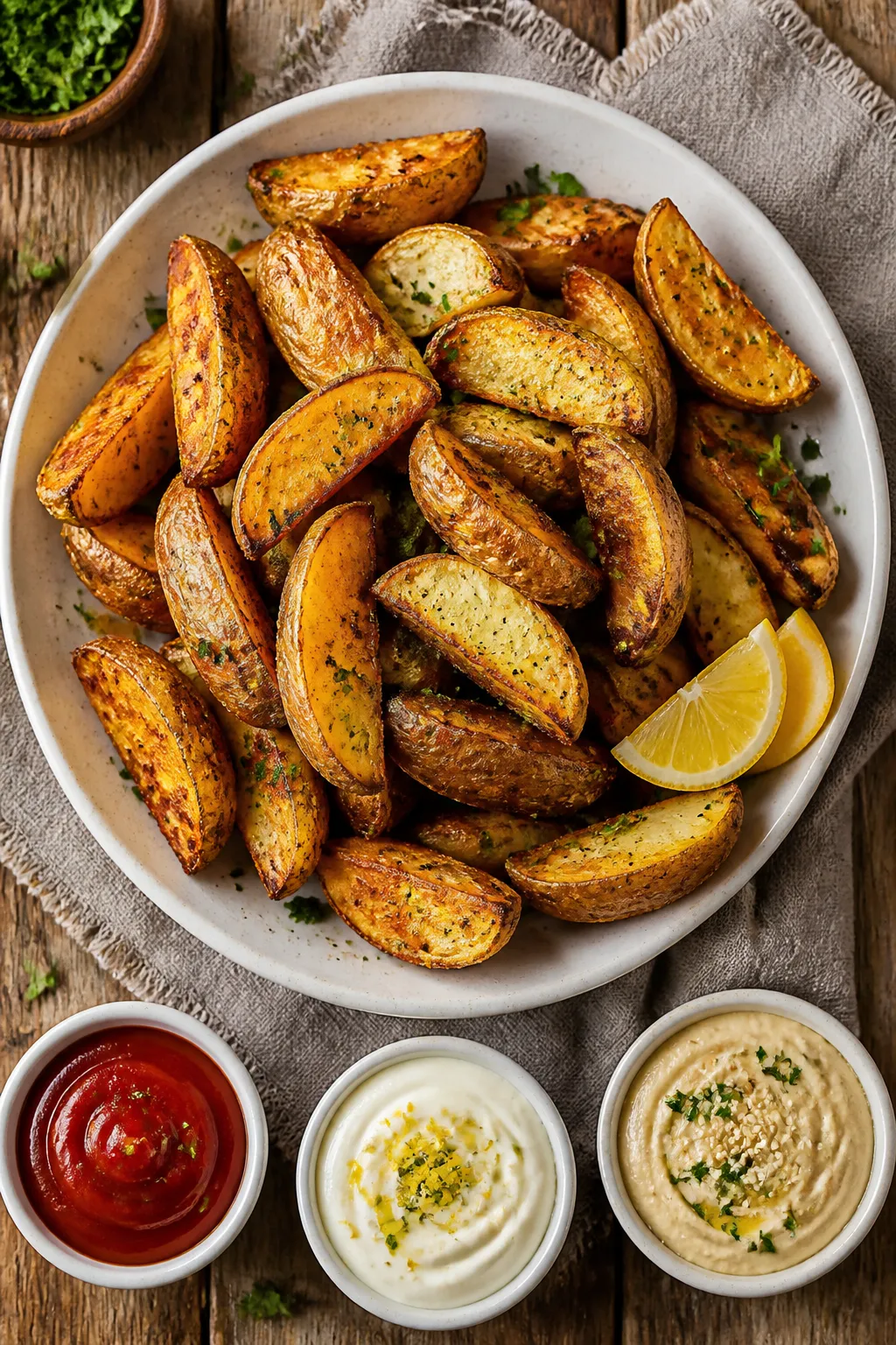 Final dish presentation: Restaurant-quality plating of crispy vegan potato wedges piled in a wide, s