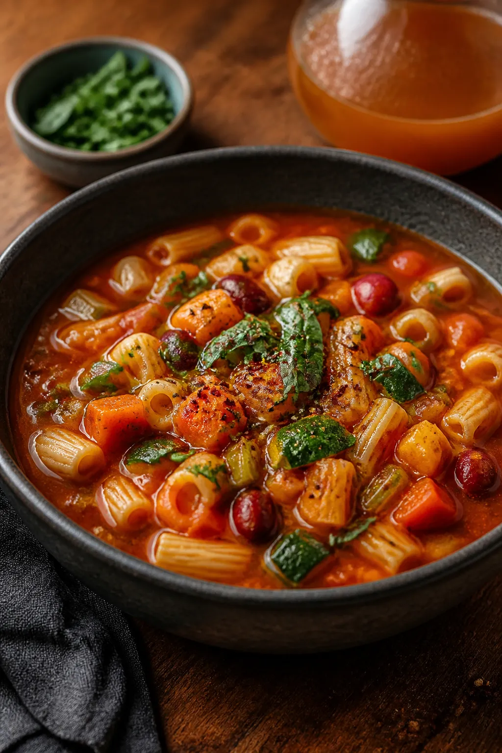 Final dish presentation: Restaurant-quality plating of vegan minestrone served with the pasta perfec