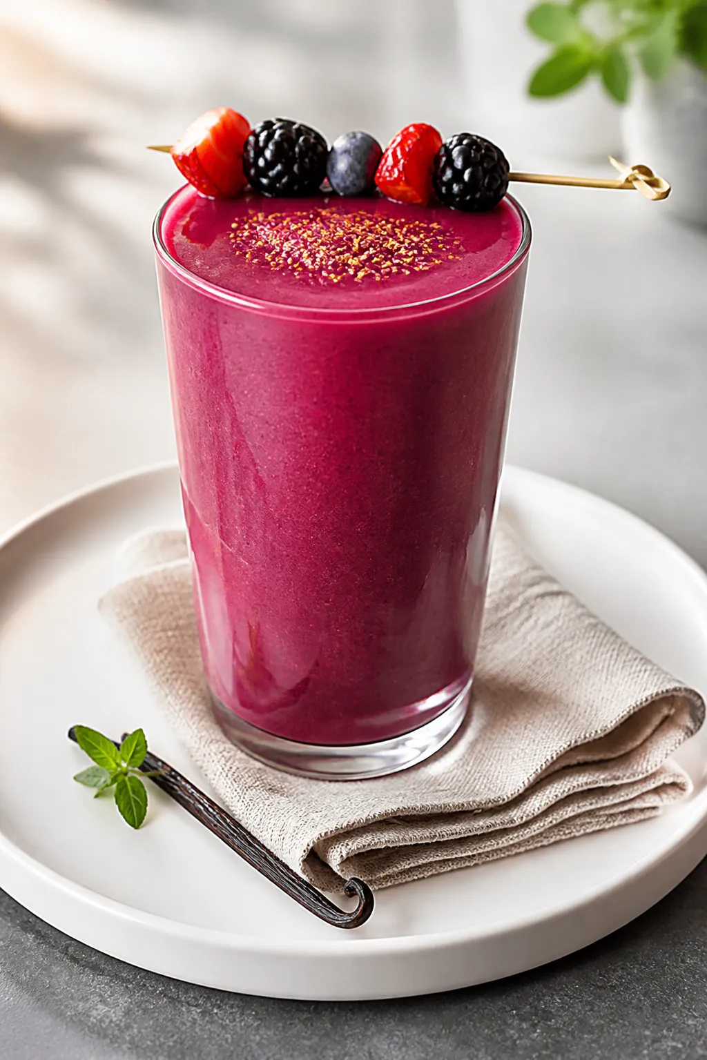 Final dish presentation: Restaurant-quality single glass of vegan berry smoothie with ultra-smooth,
