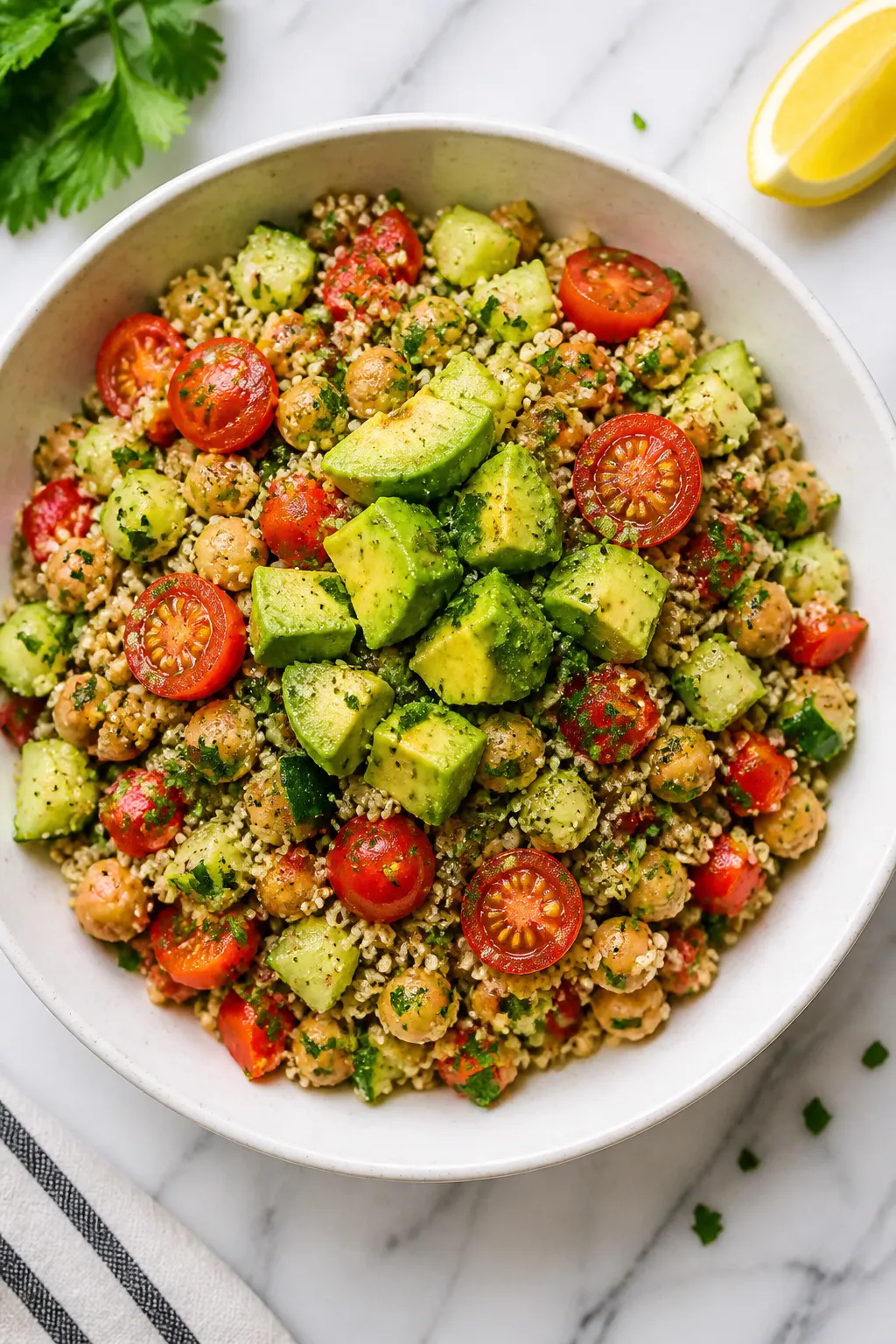 Final dish top view: Beautifully plated Healthy Vegan Quinoa Salad in a wide, white ceramic bowl, ga