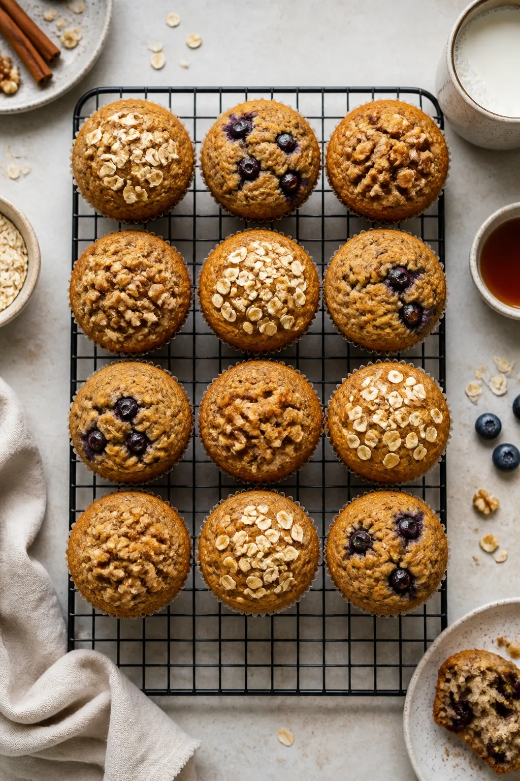 Final dish top view: Overhead shot of 12 vegan banana muffins arranged on a cooling rack, evenly ris
